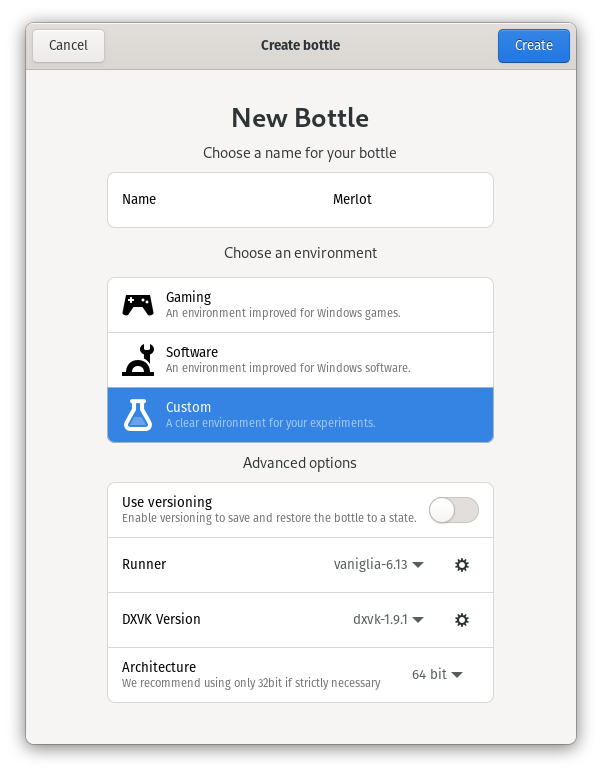 Bottle preferences on creation screen